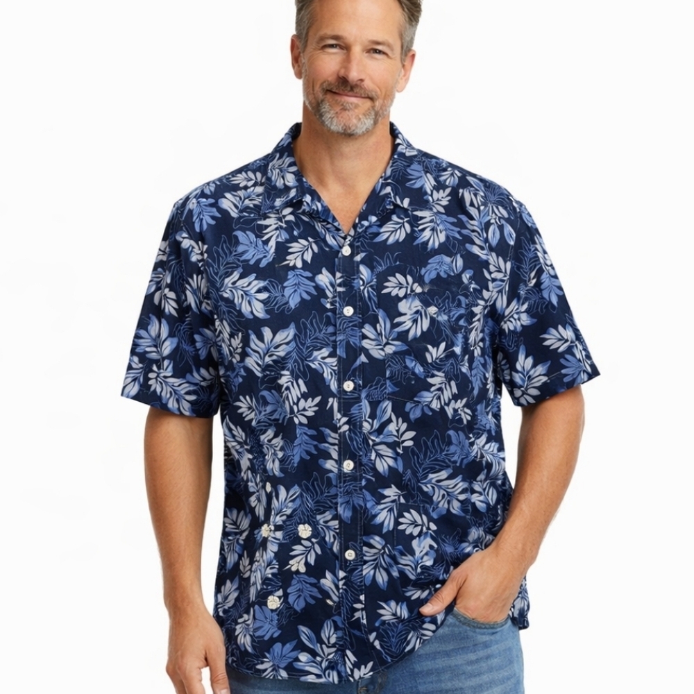 Aigle Men’s Hawaiian Shirt XL Blue Floral Tropical Underwater Print Short Sleeve